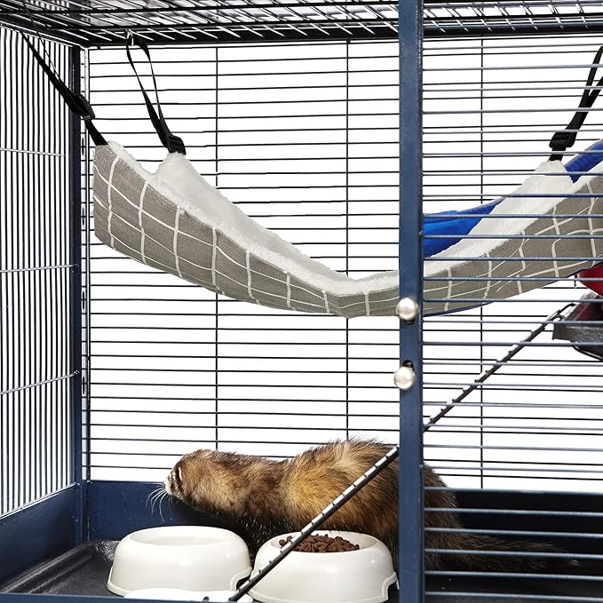 Jetec 2 Pack Cat Hammock for Cage, Catio Accessories Reversible Soft Cats Bed with Adjustable Straps and Hooks Double-Sided Linen and Fleece Hanging Hammock for Cats, Kitten(Cat and Plaid,S)