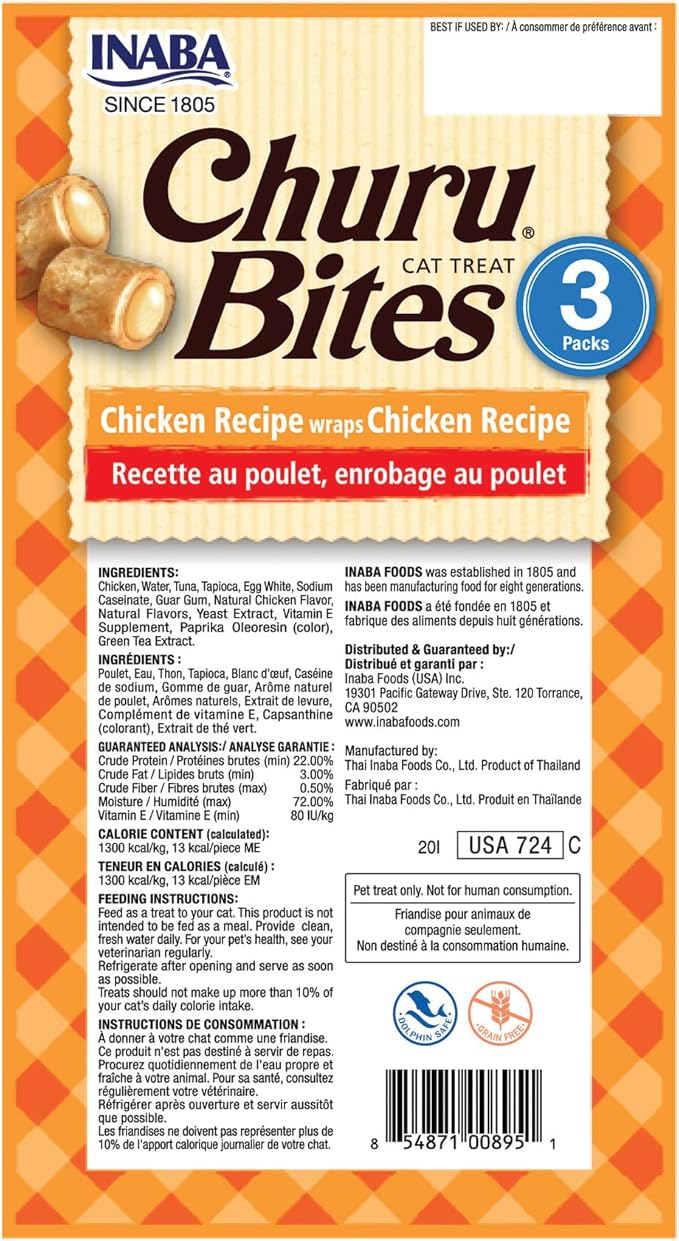 INABA Churu Bites for Cats, Soft Baked Chicken Churu Filled Cat Treats with Green Tea Extract, 0.35 Ounces Each Tube, 18 Tubes Total (3 per Pack), Chicken Recipe (Pack of 2)