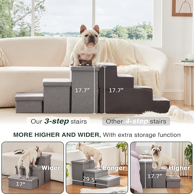 Love's cabin Dog Stairs for High Bed 18" H, Foldable Pet Stairs for Small Medium or Large Dogs Puppy with Storage for Bed or Couch, Cat Dog Steps Ramp with Zip up to 200 lbs, Solid Grey, 3 Steps