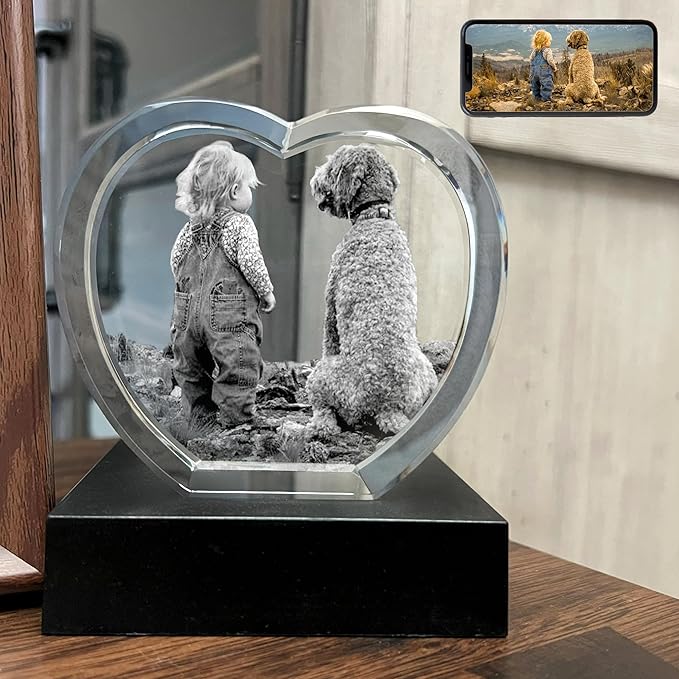 Dog Memorial Gifts for Pet Loss – Personalized Crystal Photo for Dogs & Cats, Custom Laser Etched Crystal (Medium Heart)