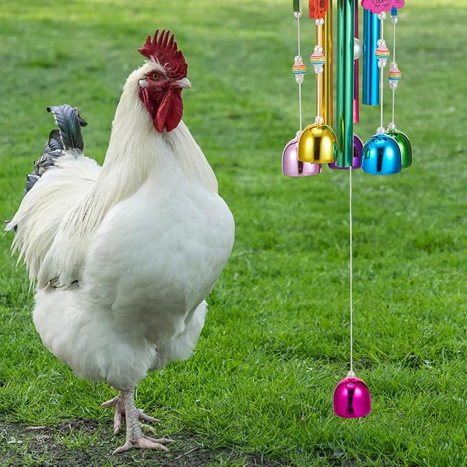 7 Pcs Chicken Toys, Hanging Chicken Wind Chime, 2 Pcs Coop Mirror Toys with Bells 4 Pack Beak Grinding Stones, Musical Coop Accessories for Hen Rooster Chick Poultry Bird(Rose Red, Green)