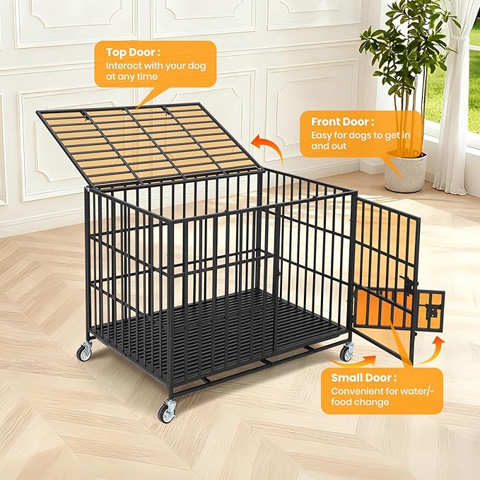 42 Inch Heavy Duty Dog Crate with Wheels, Escape Proof Metal Kennel with 3 Doors & Removable Tray for Large Medium Dogs, Black