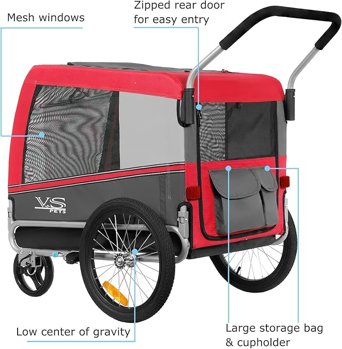 Tiggo Veelar Sports Pets Large Dog Bike Trailer & Stroller for Medium,Large Dog or Multiple Small Dogs, Pet Stroller for Dogs Up to 78 lbs, Parking Brakes, Low Center of Gravity
