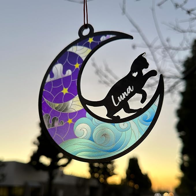 GIFTBYGIFTY Cat Memorial Suncatcher Ornaments, Personalized with Name and Breed, Loss of Pet Sympathy Gift for Cat Lovers, 3.5in Stained Glass Look Acrylic Ornament
