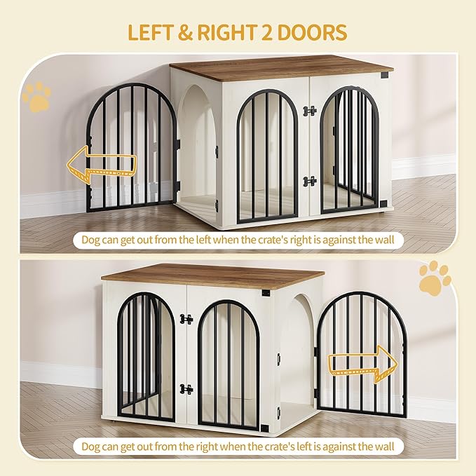31.5'' Wooden Dog Crate Furniture, Indoor Dog Kennel Dogs Cage for Small/Medium Dogs, Heavy Duty Dog Crates Decorative Pet House End Side Table TV Stand, White Brown DFC85114B