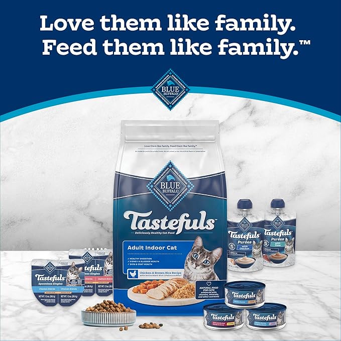 Blue Buffalo Tastefuls Mini Purées, Adult Cat Natural Single-Serving Snack, 4-Count Variety Pack Chicken and Tuna, 0.5 oz. (Pack of 1)