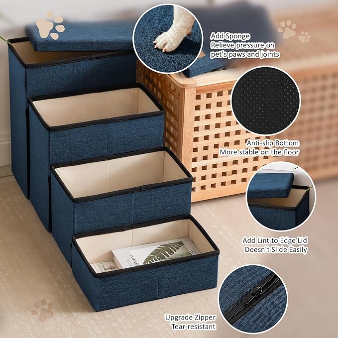 Love's cabin Dog Stairs for Small Medium or Large Dogs with Storage and Adjustable Steps, Foldable Cat Steps for Bed or Couch, 4-Step Folding Ramp with Zip up to 200 lbs, Navy Blue
