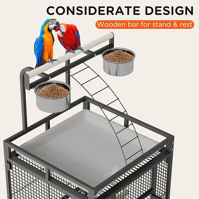 Large Bird Cage 60-inch Playtop Metal Bird Cages with Rolling Stands, Feed Bowls for Parakeets, Conures, Parrot Cage for Medium Large Parrot Cage with Slide-Out Tray Seed Guard, Black