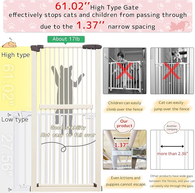 Lumizone Extra Tall Pet Gate 55.12" High Pressure Mounted 38.39"-59.24" Extra Wide (9 Sizes) 1.37" Gap for Cat Dog Stairs Doorway Hallway No Drilling Auto-Close (30.12"-59.24" W, Cream White)