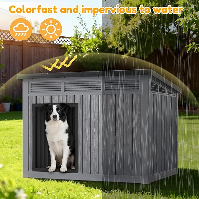 Fancyango Large Dog House for Indoor & Outdoor - Weatherproof & Removable Roof, Fits Small to Large Dogs (42.8" L x 33" W x 31.5" H) - Grey