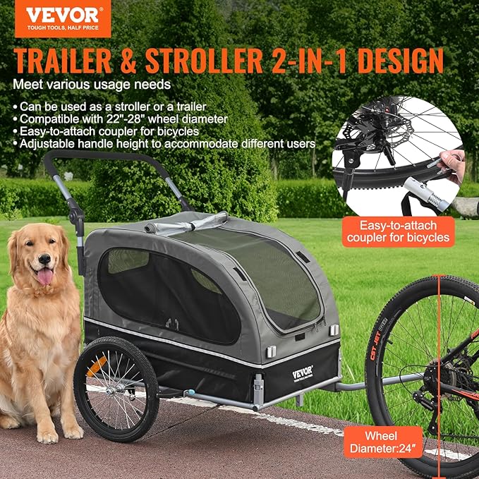 VEVOR Dog Bike Trailer, Supports up to 66/88/100 lbs, 2-in-1 Pet Stroller Cart Bicycle Carrier, Easy Folding Cart Frame with Quick Release Wheels, Universal Bicycle Coupler, Reflectors, Flag