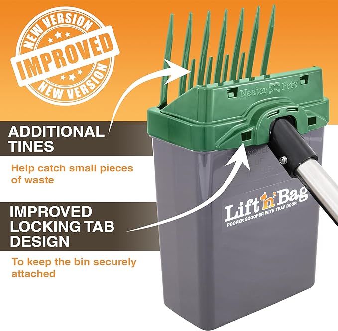 Neater Pet Brands Lift N’ Bag 2.0 Dog Pooper Scooper with Bag Attachment & 22" Pole for Small to Large Dogs, New & Improved Design, 195 Refill Bags, Heavy Duty Dog Poop Scooper for Yard, One-Hand Use