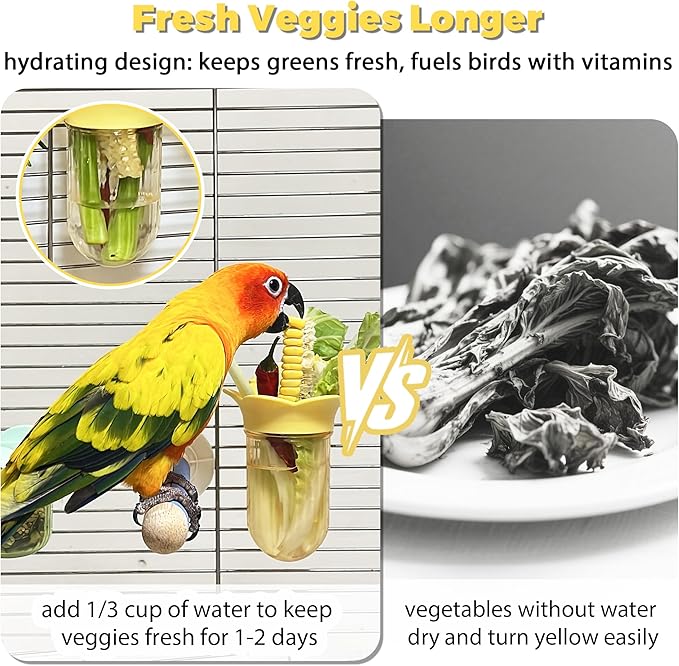 2Pcs Bird Cage Feeder for Vegetable & Water/Pellets, Parrot Veggies Holder with Water-Storage Design to Keep Greens Fresh, No Mess Hanging Bird Feeding Bowls, Separate Design for Balanced Nutrition