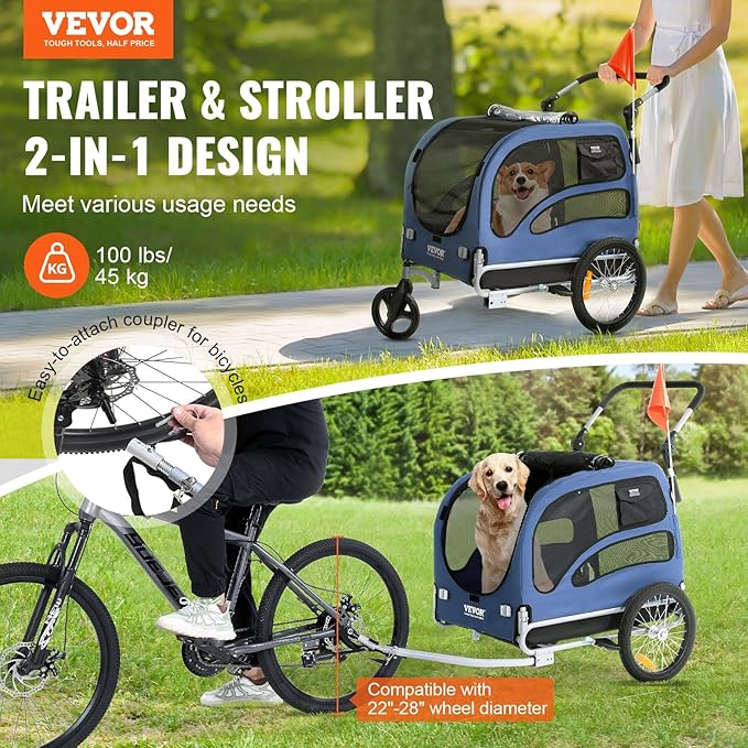 Large Dog Trailer for Bike, Folding Bike Trailer for Dogs with 18.9" Wheels, 120LB Capacity All-Terrain Pet Carrier, Universal Bicycle Coupler