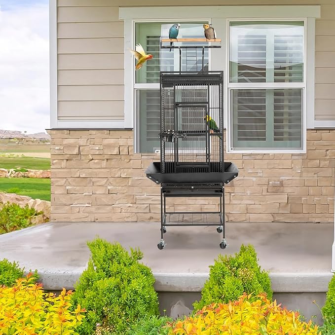 VINGLI Bird Cage with Wheels, 62 inch Bird Cages with Play Top, Wrought Iron Cage with Rolling Stand for Parrots, Cockatiels, Budgies, Lovebirds, Small/Medium Birds