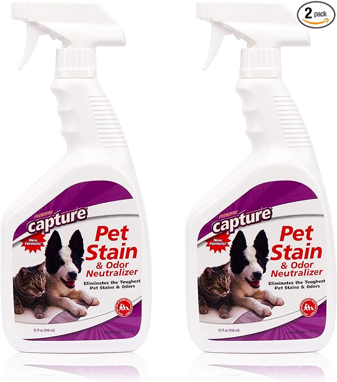 Capture Pet Stain & Odor Remover - Enzyme Pet Odor Eliminator for Home, Carpet Stain Remover for Cats & Dog Pee, Cat Urine Destroyer, Carpet Cleaner Spray - 32oz Portable Spray Bottle (2 Pack)