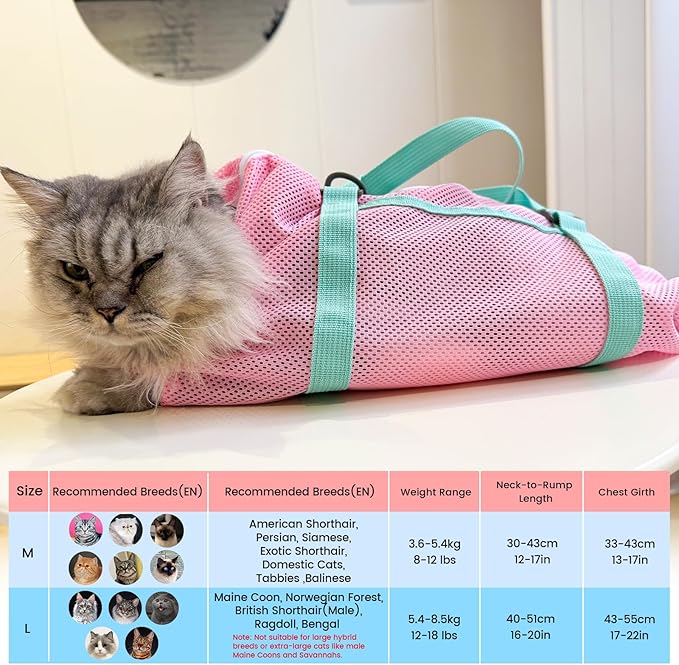 Cinf Cat Bathing Bag(Free Muzzle) Breathable Mesh Anti Scratch Adjustable Cat Grooming Bag for Nail Trimming, Bathing Soft Cat Washing Bag(Spring) L