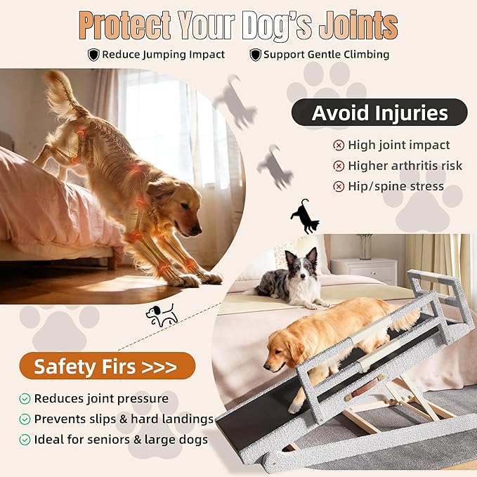 Dog Ramp for Bed–Foldable Wooden Ramp with Soft Plush Fabric Cover & Safety Side Rails 16”–24” Adjustable Height, Non-Slip Walking Surface, Wide 17.7" Platform – Up to 200 lbs
