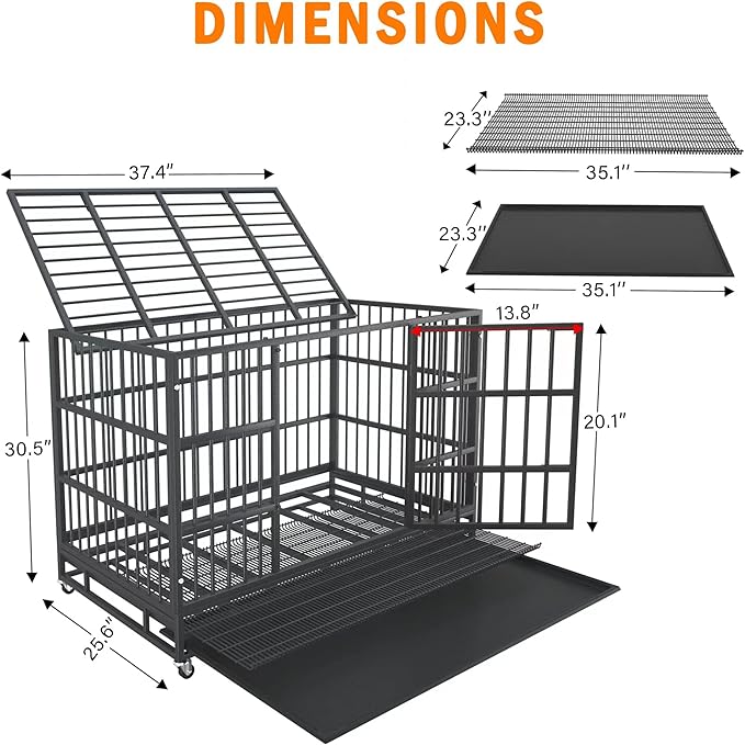 38 Inch Heavy Duty Dog Crate Cage with Wheels, Indestructible and Escape Proof Steel Kennel Indoor for High Anxiety Dogs with Sturdy Locks, Double Door and Tray, Extra Large XL XXL