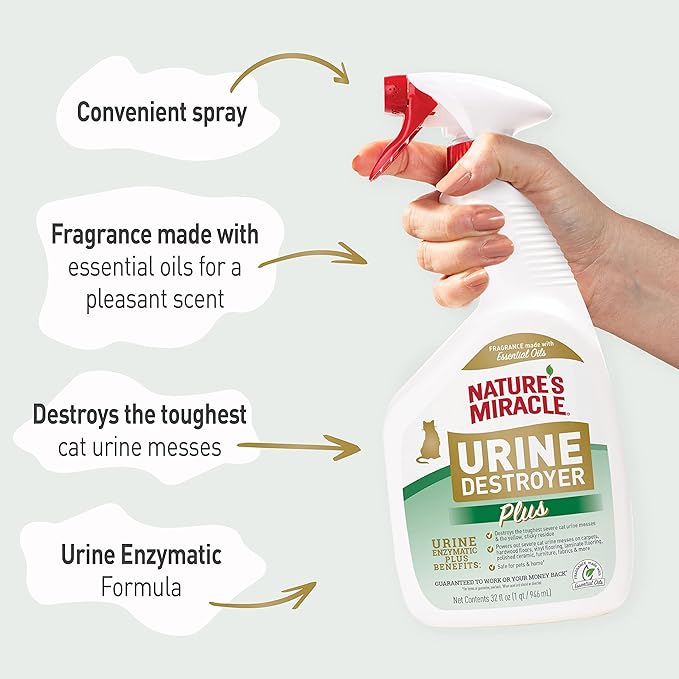 Nature’s Miracle Urine Destroyer Plus Cat,32 Ounces,Unscented,Enzymatic Formula,Ready-to-Use,(Pack of 12)