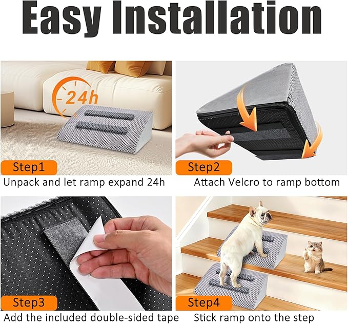 Dog Ramp for Stairs with Anti-Slip Bump for Small & Senior Dogs and Cats – Stair Wedges for Dogs with Gentle Slope, Pet Ramp with Washable Cover & Self-Sticky Pads for Safe Climbing (Gray, 3 Pack)