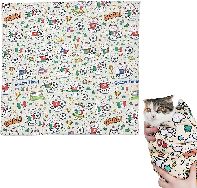 35.5" Extra Large Cat Grooming Wrap – Anti-Escape Cat Wrap for Cutting Nails, Brushing & Medication – Soft, Comfortable, Reusable, Self-Adhering, Holds Cats Up to 22lbs (Soccer Time)