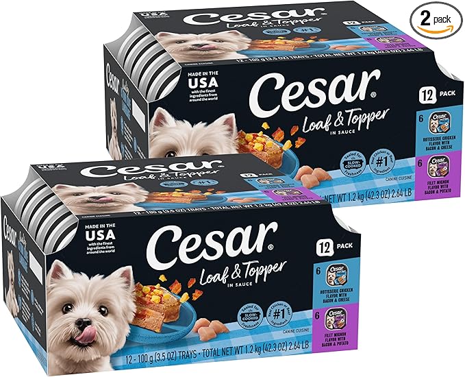 Cesar Loaf in Sauce Wet Dog Food Rotisserie Chicken Flavor with Bacon & Cheese and Filet Mignon Flavor with Bacon & Potato Variety Pack, 3.5 oz. Easy Peel Trays, 12 Count (Pack of 2)