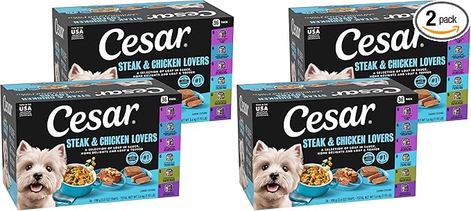 Cesar Wet Dog Food Steak and Chicken Lovers Variety Pack,Adult,Wet Food for Dogs with Real Beef or Chicken,3.5 oz Easy Peel Trays,36 Count (Pack of 2)