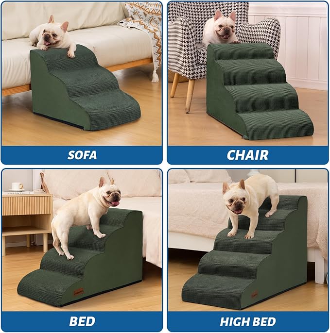 5-Step Dog Stairs and Ramp for High Bed, Non-Slip Sturdy Pet Steps for Small Dogs and Cats,22.2" H,Green