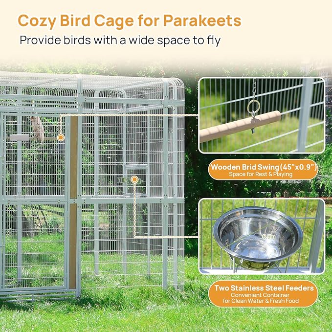 Large Walk-in Cage 87-inch Heavy Duty Bird Cage Outdoor Carbon Crystal Board Aviary Parrot Cage Wide Flight Metal Birdcage for Macaw Budgie Conure Lovebird Parakeet Cockatiel, 7.22x5.25x6.8ft, White