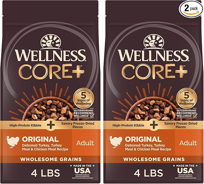 Wellness CORE+ Dry Dog Food with Wholesome Grains, Natural Ingredients, Made in USA with Real Freeze-Dried Meat (Adult, Turkey, 4 lbs) (Pack of 2)