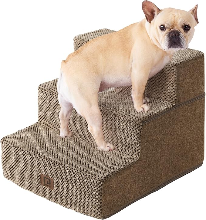 EHEYCIGA Dog Stairs for Small Dogs 13.5" H, 3-Step Dog Steps for Couch Sofa and Chair, Pet Steps for Medium Cats, Non-Slip Balanced Pet Ramp Indoor, Camel