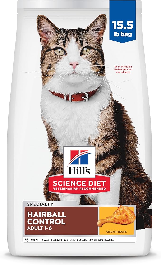 Hill's Science Diet Hairball Control, Adult 1-6, Hairball Control Support, Dry Cat Food, Chicken Recipe, 15.5 lb Bag