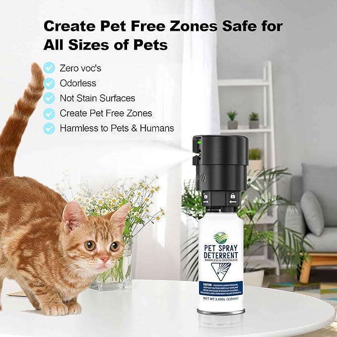 Cat Spray Deterrent System [ 4 Pack ] Cat Deterrent Spray, Motion Activated Pet Deterrent Spray System for Cats & Dogs Odorless Pet Deterrent, Senses Pets Up to 3 Feet Away, Friendly & Safe