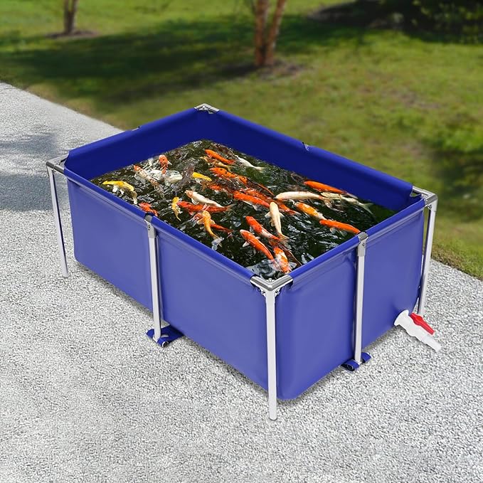 Canvas Fish Pond with Drain Valve, 47.2×31.4×19.6in Foldable Canvas Fish Tank, Portable Koi Breeding Pond Aquarium Water Tank