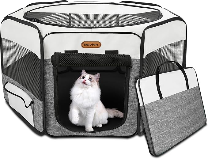 Dog Playpen, Portable Pet Playpen, Puppy Playpen, Cat Playpen with Carrying Case, Dog Playpen for Small Dogs Indoor/ Outdoor, Removable Mesh Shade Cover