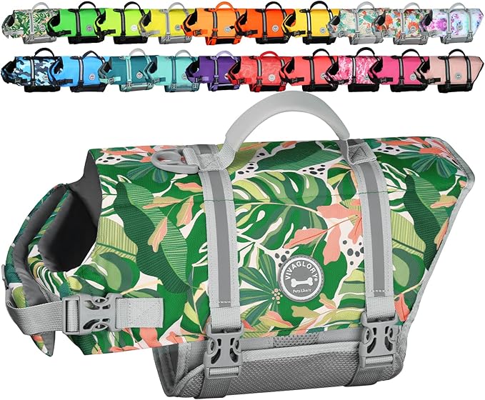 VIVAGLORY Rip Stop Dog Life Vest, Swimming Vest with Handle, Buoyancy for Doggy Puppy, Dog Life Jacket for Swimming & Boating, S, Floral