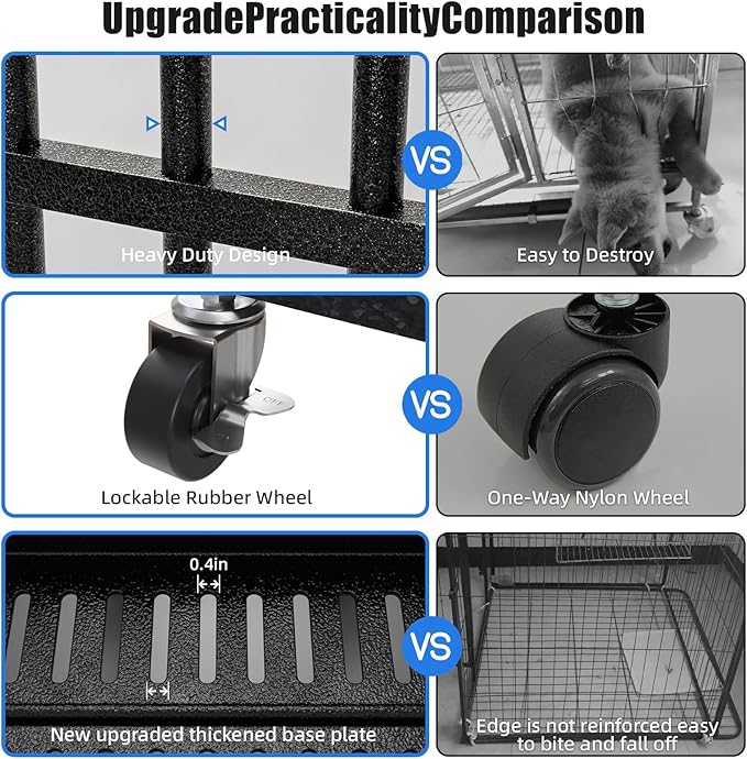 42 Inch Heavy Duty Indestructible Dog Crate, XL Steel Escape-Proof Kennel for Large Dogs, Double Door Design with 4 Locking Wheels & Reinforced Baseplate, Ideal for High-Anxiety Dogs