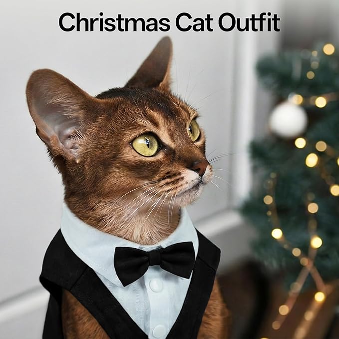 PUMYPOREITY Cat Tuxedo Suit Formal Wear with Bow Tie, Soft Skin-Friendly Cat Costumes for Cats Only, Elegant Outfit for Male Female Cats, Perfect for Wedding Birthday Photo Shoots, XS, Black