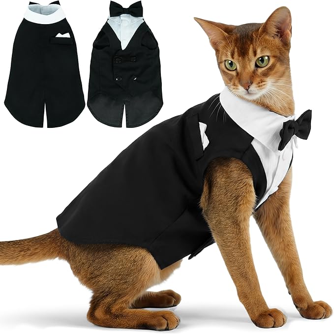 PUMYPOREITY Cat Tuxedo Suit Formal Wear with Bow Tie, Soft Skin-Friendly Cat Costumes for Cats Only, Elegant Outfit for Male Female Cats, Perfect for Wedding Birthday Photo Shoots, M, Black
