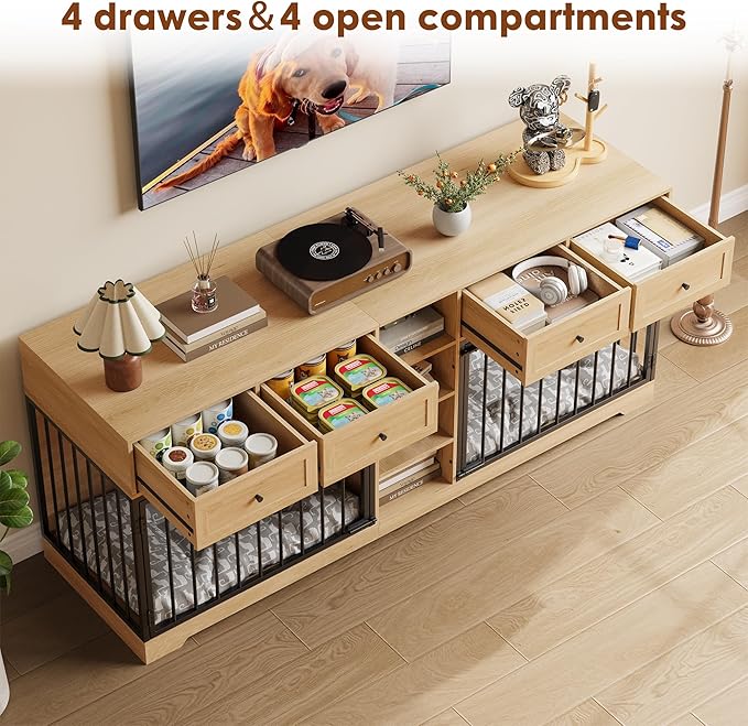 GAOMON Dog Crate Furniture for 2 Dogs, 82'' Large Dog Kennel Indoor with 4 Storage Drawers and 4 Shelves, Double Dog Crate TV Stand for Medium and Large Dogs, Natural