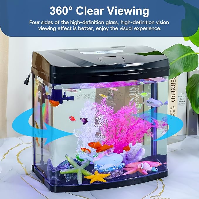 7 Gallon Glass Aquarium Starter Kit with Flip-Top Feeding Port for Betta Fish: Crystal Clear 360° Viewing, Eco-Cycle Filtration, Air Pump, and LED Lighting