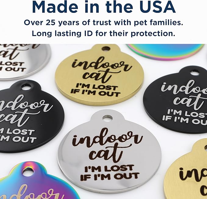 GoTags Personalized Small Indoor Cat Tag - Engraved with 4 Lines of Custom ID, Black Stainless Steel Round Pet ID Tag