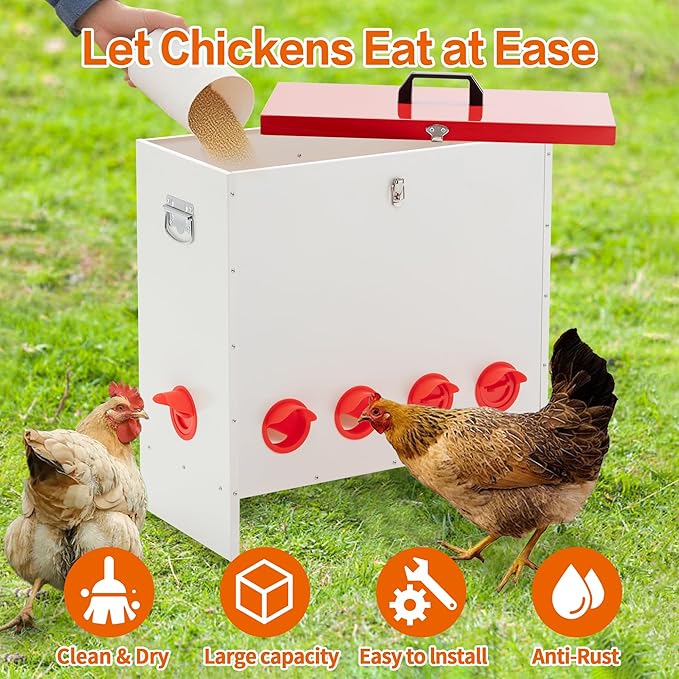 Metal Chicken Feeder Large Capacity Automatic, 10-Ports Weather-Resistant & Animal-Proof Poultry Feeder for Chickens, Geese, Ducks, Turkeys, Quails