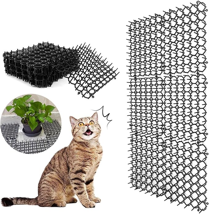 12Pcs Cat Deterrent Mat, Anti Cat Dog Network with Plastic Spikes, Indoor Outdoor Training Mat for Keeping Away Cats Dogs, Protecting Plants Furniture and Cars, PP Materi