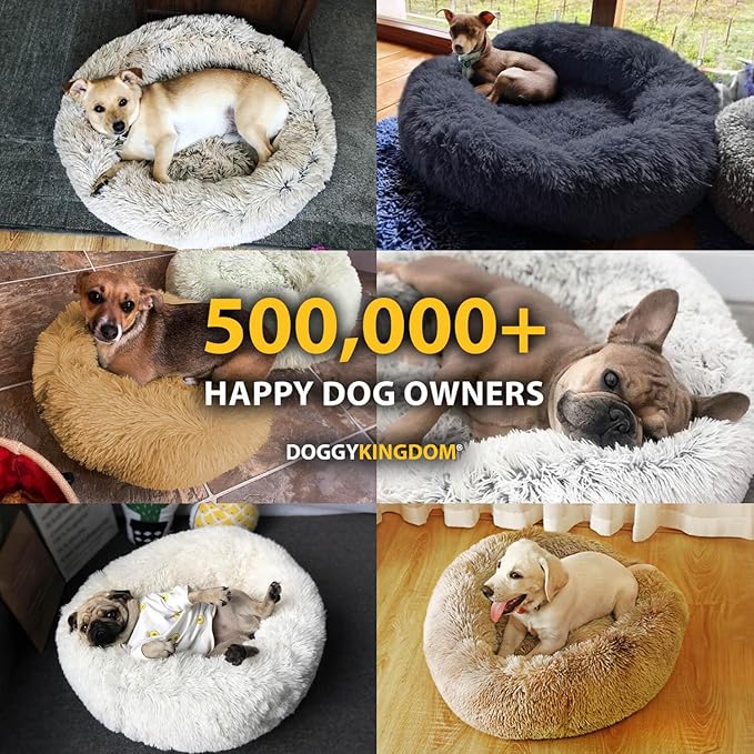 Calming Round Donut Dog Bed Pillow, Washable, Anti Anxiety, Anti-Slip, Cozy Soft Cuddler Comfort Bed with Fluffy Plush Faux Fur for Large Medium Small Sized Dog - Dark Gray, S 28 inch