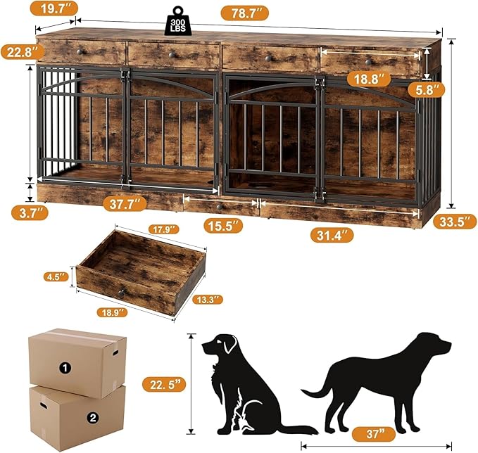 GAOMON Dog Crate Furniture for 2 Dogs, 78.7'' Large Dog Kennel Indoor with 4 Storage Drawers and Feeding Bowls, Double Dog Crate TV Stand for Small and Medium Dogs, Brown