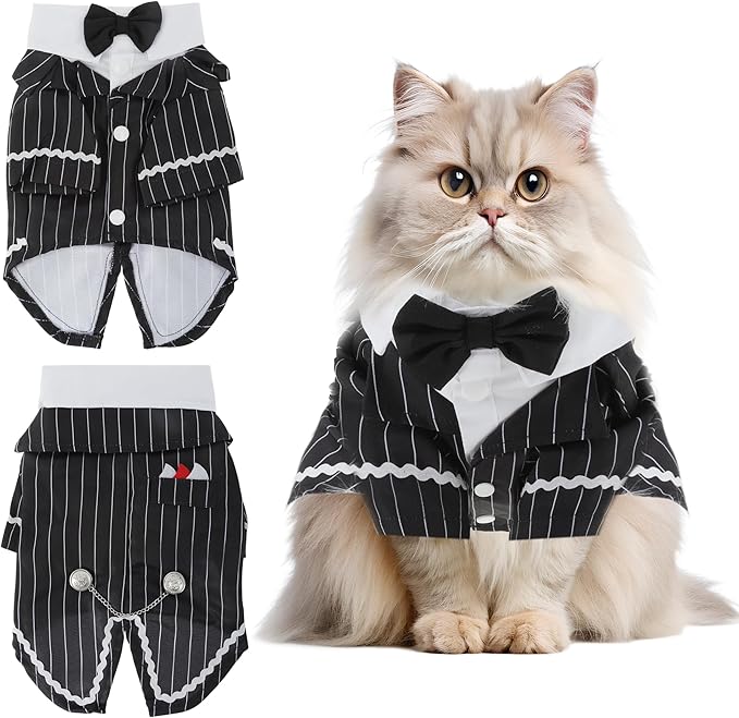 Cat Apparel, Stylish Tuxedo Outfit for Kitty with Tie, Black Stripes Pet Outfits for Wedding, Birthday, Party, XLarge
