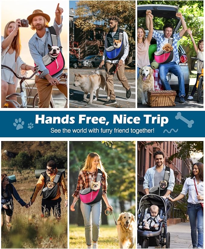 Pawaboo Pet Dog Sling Carrier, Hand Free Breathable Mesh Puppy Carrier, Dog Papoose with Zipper Touch Pocket and Adjustable Strap, Crossbody Satchel Dogs Purse for Outdoor, L, Pink