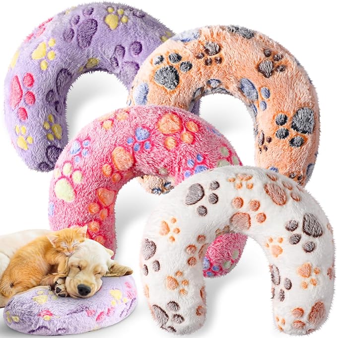 Sweetude 4 Pcs Pillows for Cats Puppy Bed Fluffy Pet Calming Soft Gifts Half Donut U Shaped Pet Neck Pillow Training Joint Relief Cervical Protection(Paw,Large)